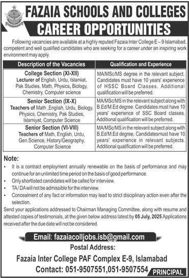 Fazaia Schools And Colleges Islamabad Jobs 2025 – Fazaia Schools & Colleges Jobs 2025 — original advertisement