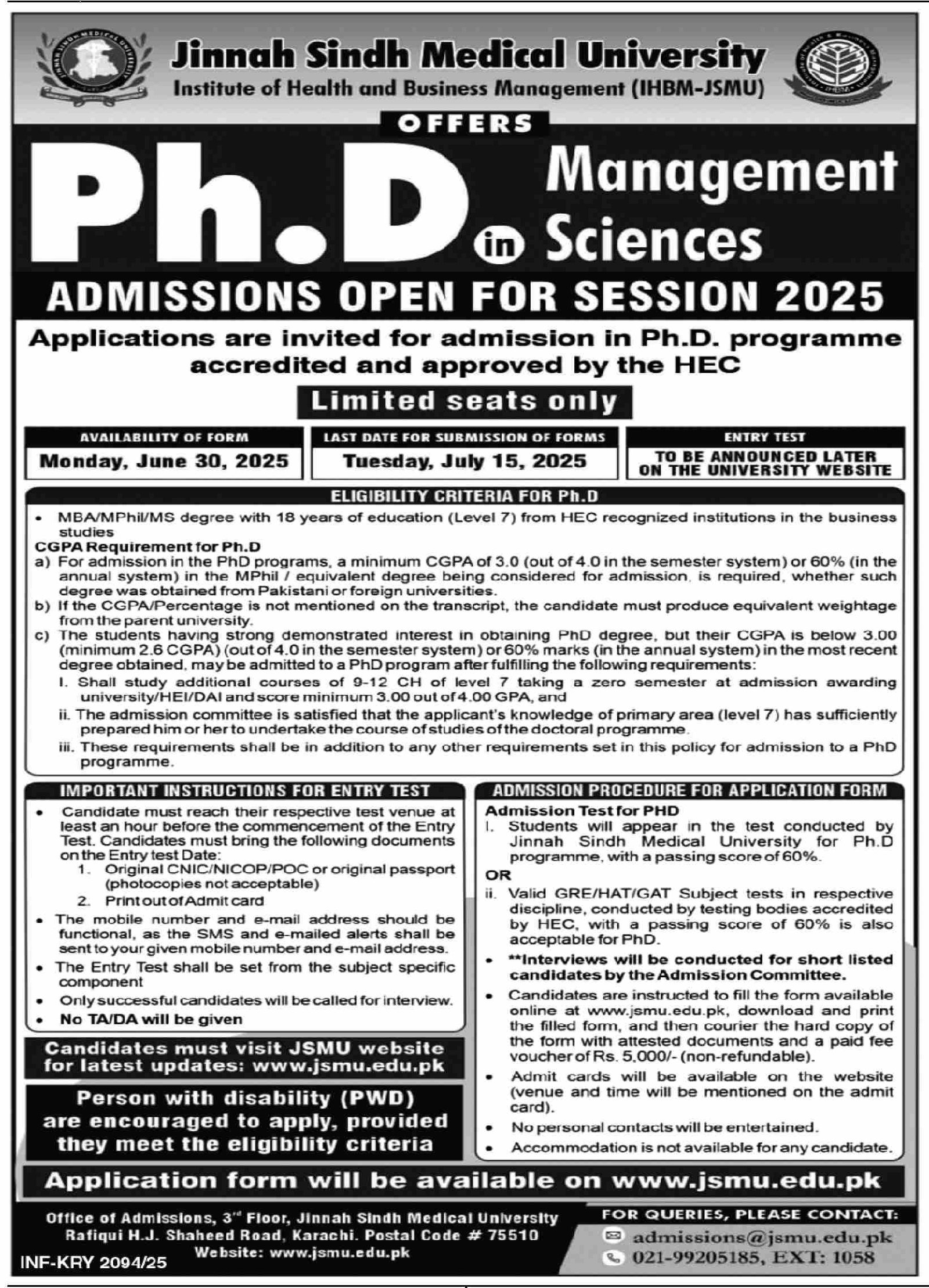 Admission Open in Jinnah Sindh Medical University 2025 – Jinnah Sindh Medical University Karachi Admissions 2025 — original advertisement