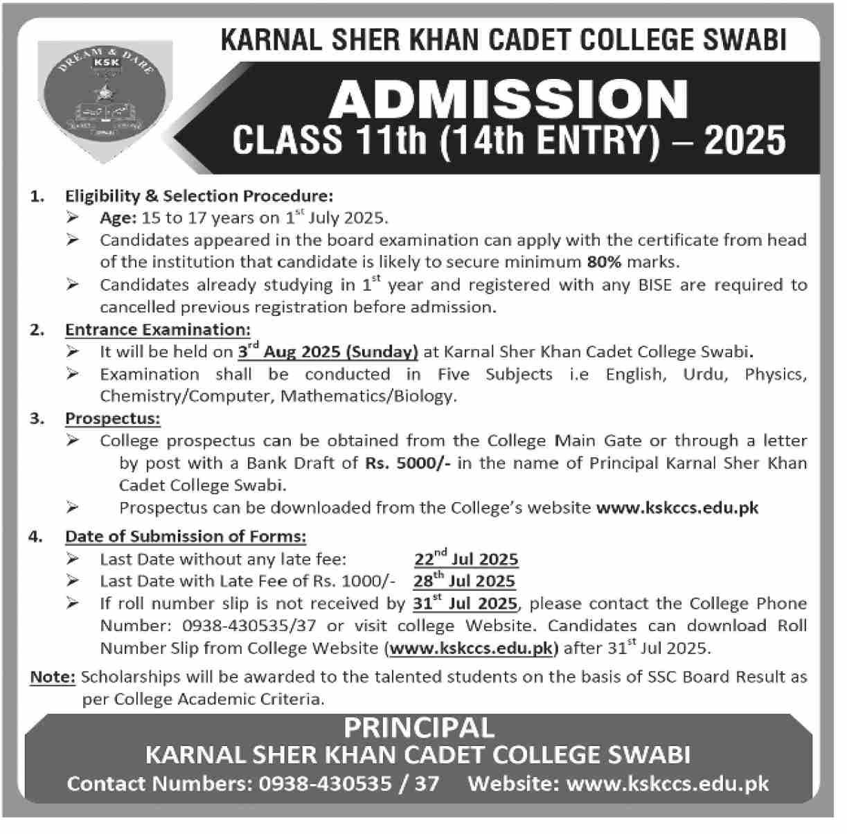 Admission Open in Karnal Sher Khan Cadet College Swabi 2025 Admissions 2025 — original advertisement