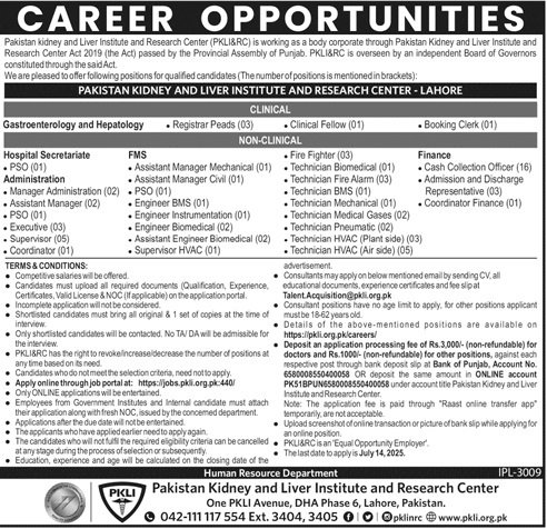 Pakistan Kidney And lever Institute and Reseach 2025 – Pakistan Kidney And Liver Institute (PKLI) And Research Centre Lahore Jobs 2025 — original advertisement