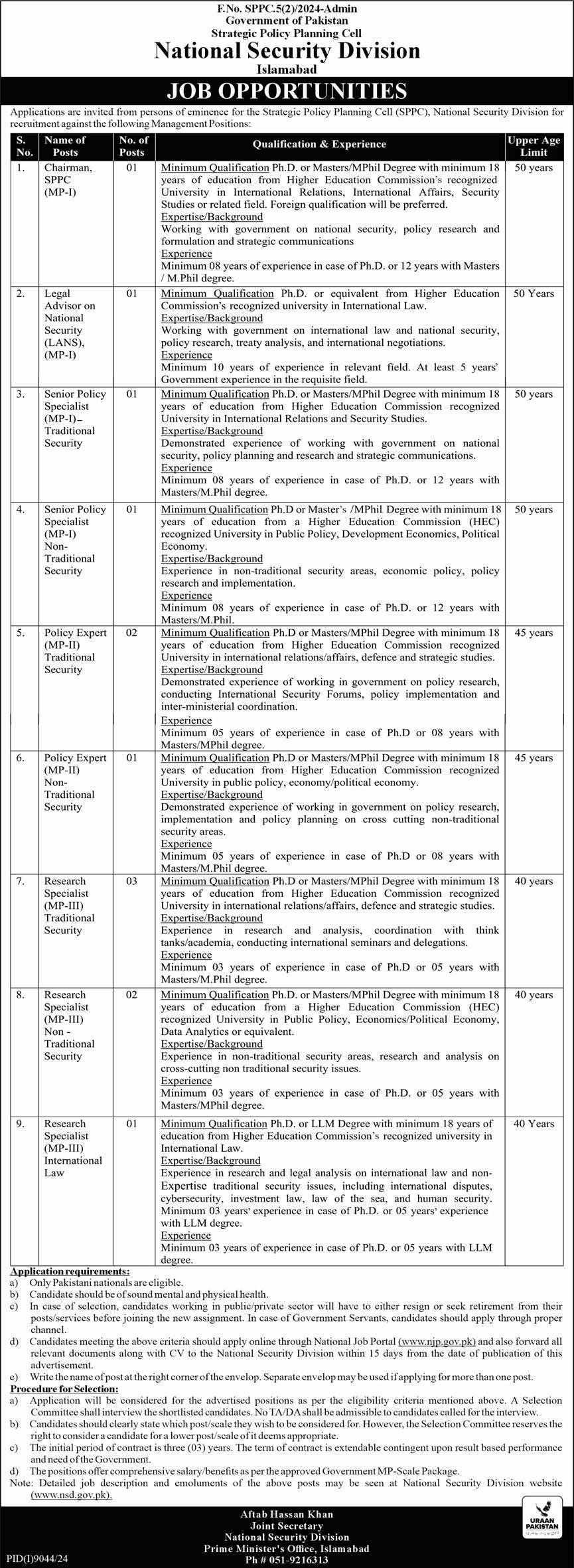 National Security Division Islamabad Jobs 2025 Jobs 2025 — original advertisement
