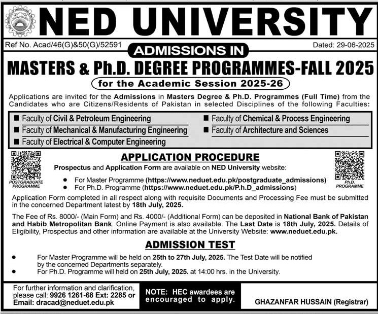 Admission Open in Ned University of Engineering 2025 – NED University of Engineering and Technology Admissions 2025 — original advertisement