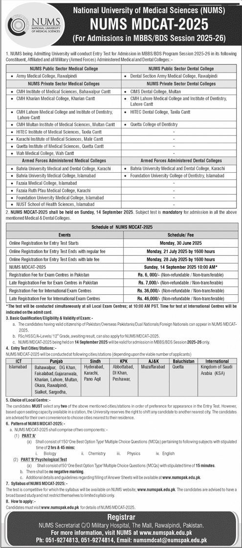 Admission National University of Medical Sciences Nums 2025 – National University of Medical Science NUMS Admissions 2025 — original advertisement