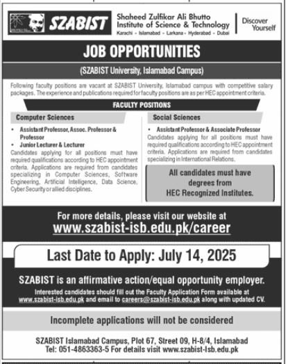 Shaheed Zulifiqar Ali Bhutto Institute of Science Job 2025 – Shaheed Zulfiqar Ali Bhutto Institute of Technology Jobs 2025 — original advertisement