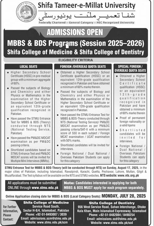 Admission Open in Shifa Tameer E Millat University 2025 – Shifa Tameer-e-Millat University Islamabad Admissions 2025 — original advertisement