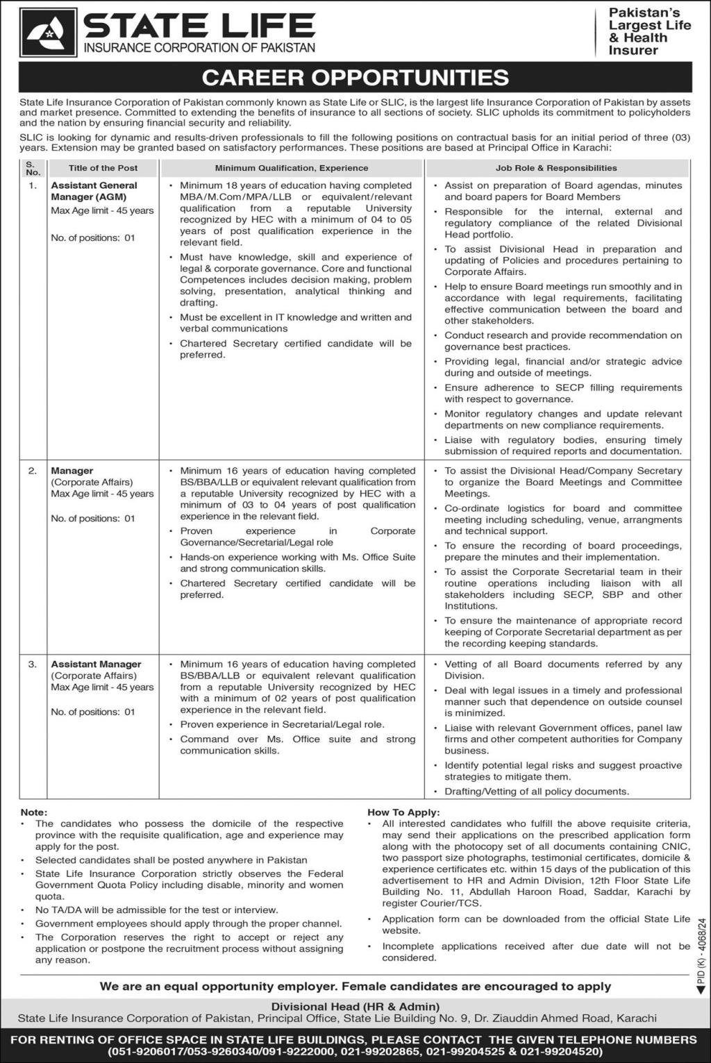 State Life Insurnce Corporation Jobs 2025 – State Life Insurance Corporation of Pakistan Jobs 2025 — original advertisement