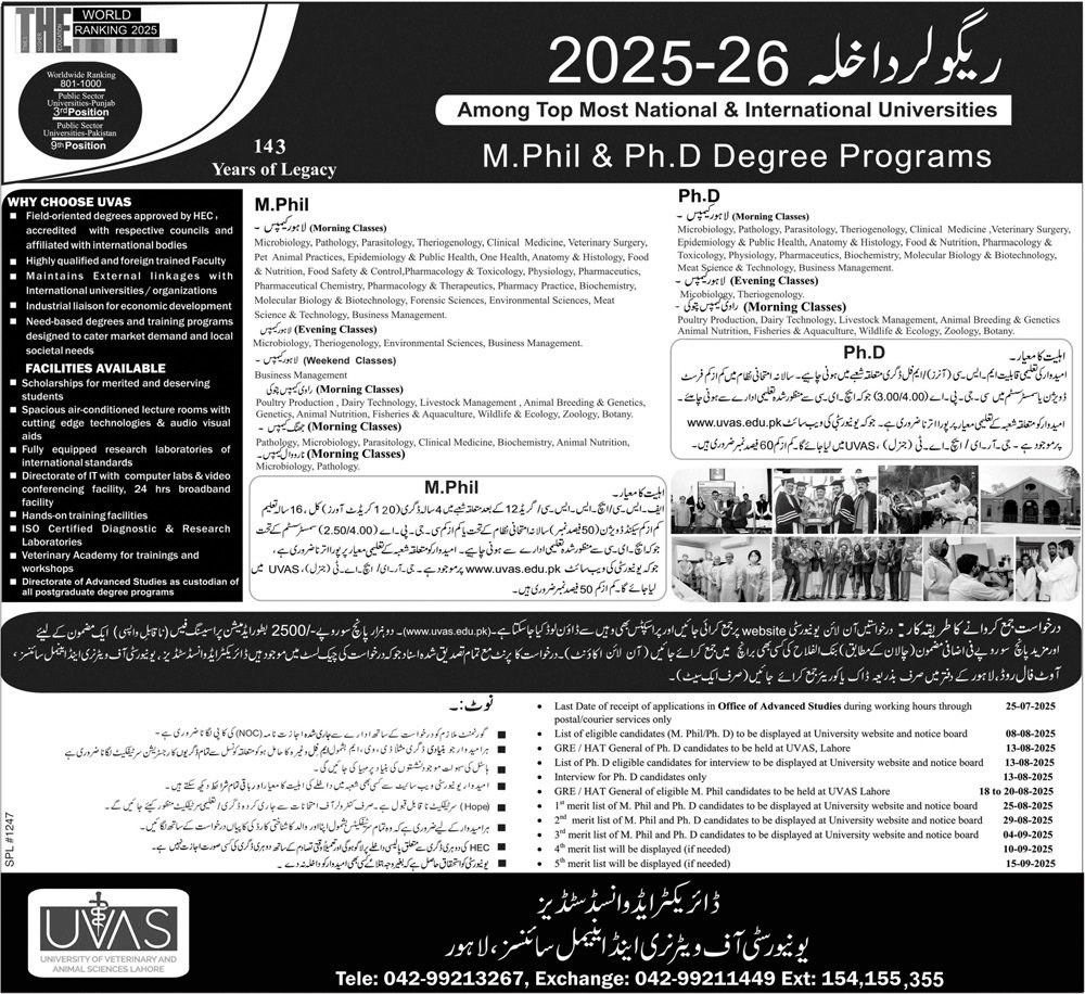 Admission Open in University of Veterinary And Animal 2025 – University of Veterinary and Animal Sciences Lahore Admissions 2025 — original advertisement