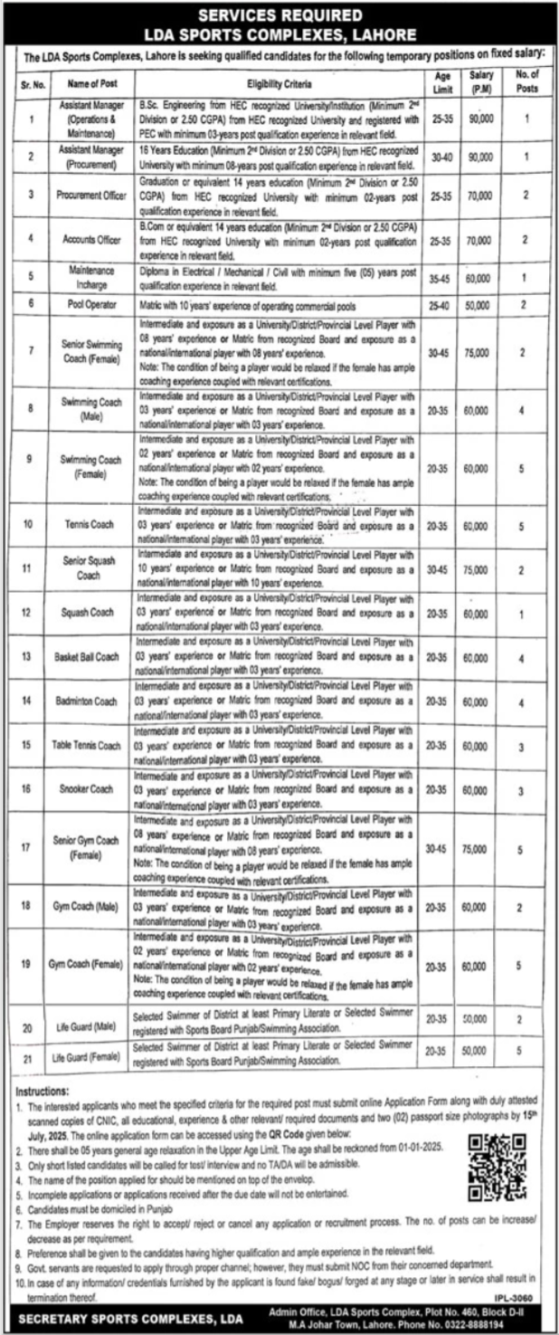 LDA Sports Complexes Lahore Jobs 2025 – Public Sector Organization Jobs 2025 — original advertisement
