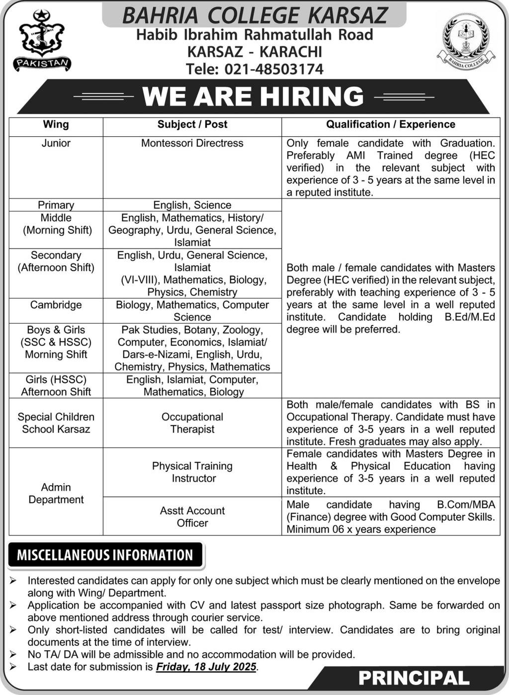 Bahria College Karsaz Jobs 2025 For Teachers Jobs 2025 — original advertisement
