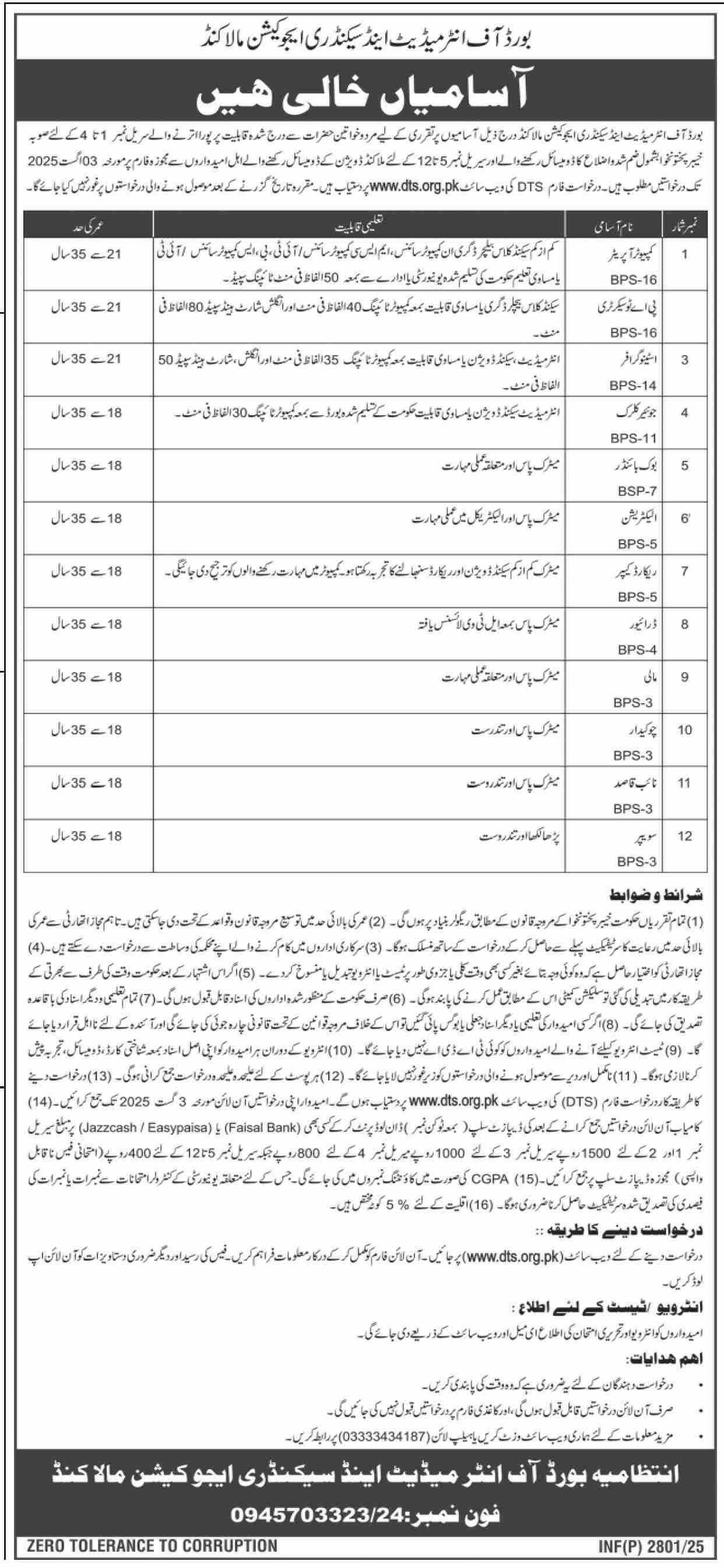 Board of Intermedite & Secondry Education Malakand Jobs 2025 – Federal Board of Intermediate & Secondary Education Jobs 2025 — original advertisement