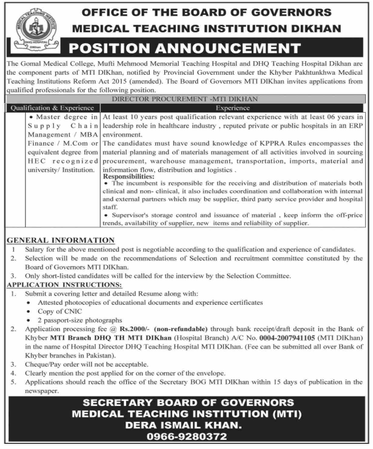 Medical Teaching Institution Dhq Hospital Di Khan Jobs 2025 – Medical Teaching Institute MTI Khyber Teaching Hospital Peshawar Kpk Jobs 2025 — original advertisement