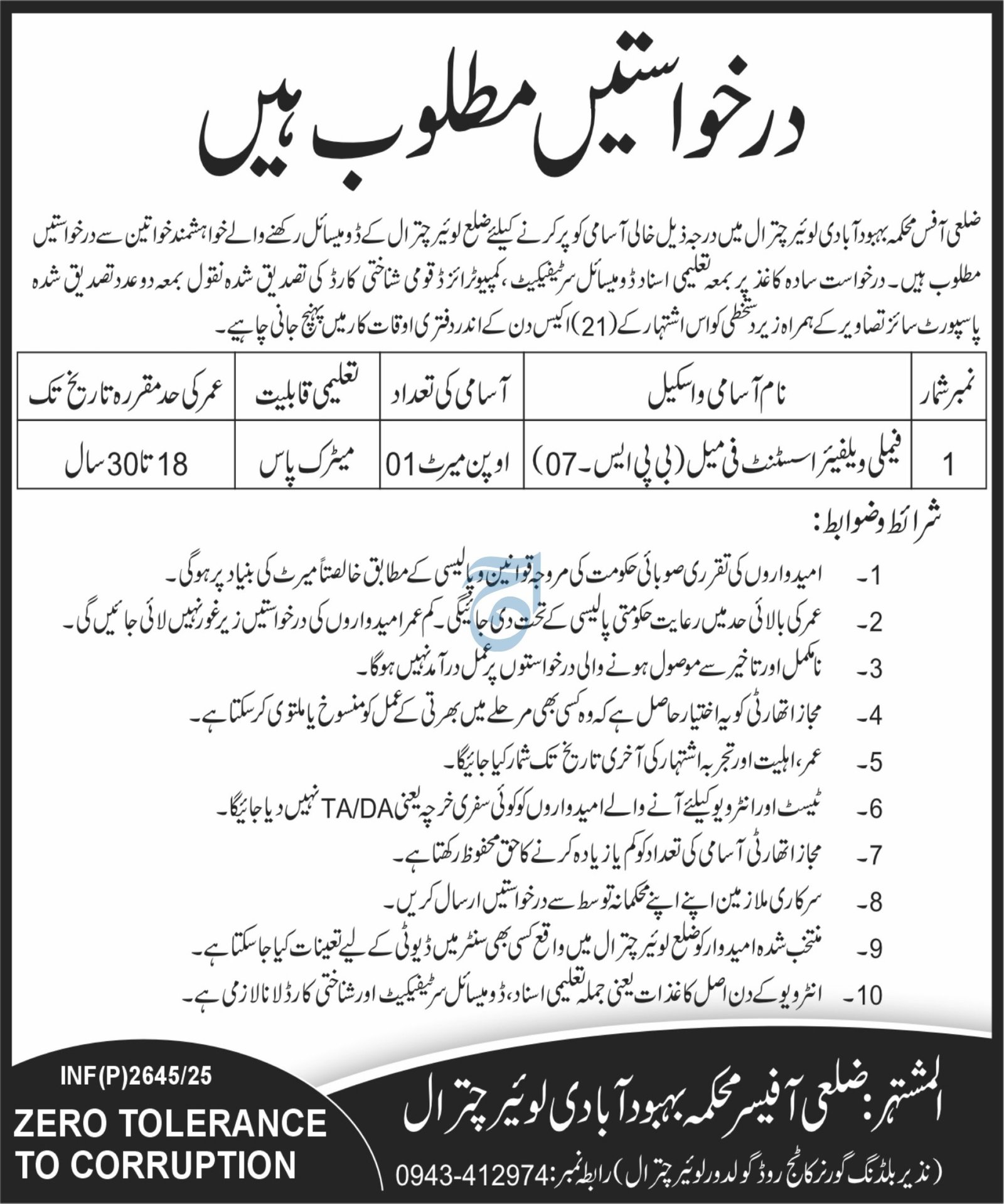 Population Welfare Department Lower Chitrial Jobs 2025 – Population Welfare Department KPK Jobs 2025 — original advertisement