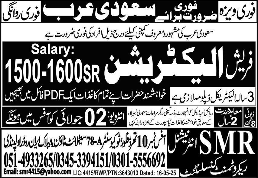 Electrician Jobs Career Opportunity In Saudi Arabia 2025 – SMR International Recruiting Consultant Jobs 2025 — original advertisement
