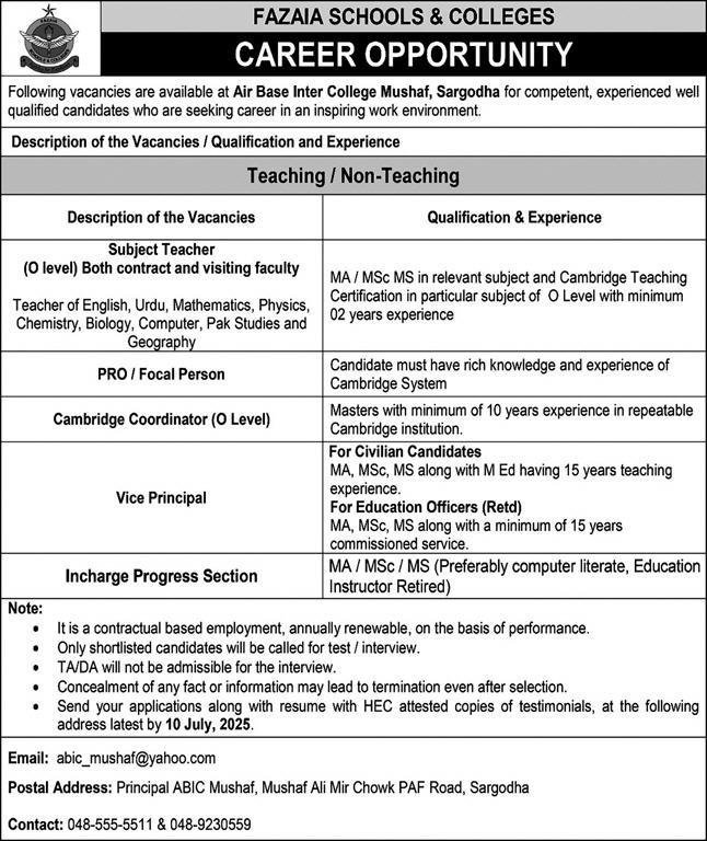 Air Base Inter College Mushaf Sargodha Jobs 2025 – Fazaia Schools & Colleges Jobs 2025 — original advertisement