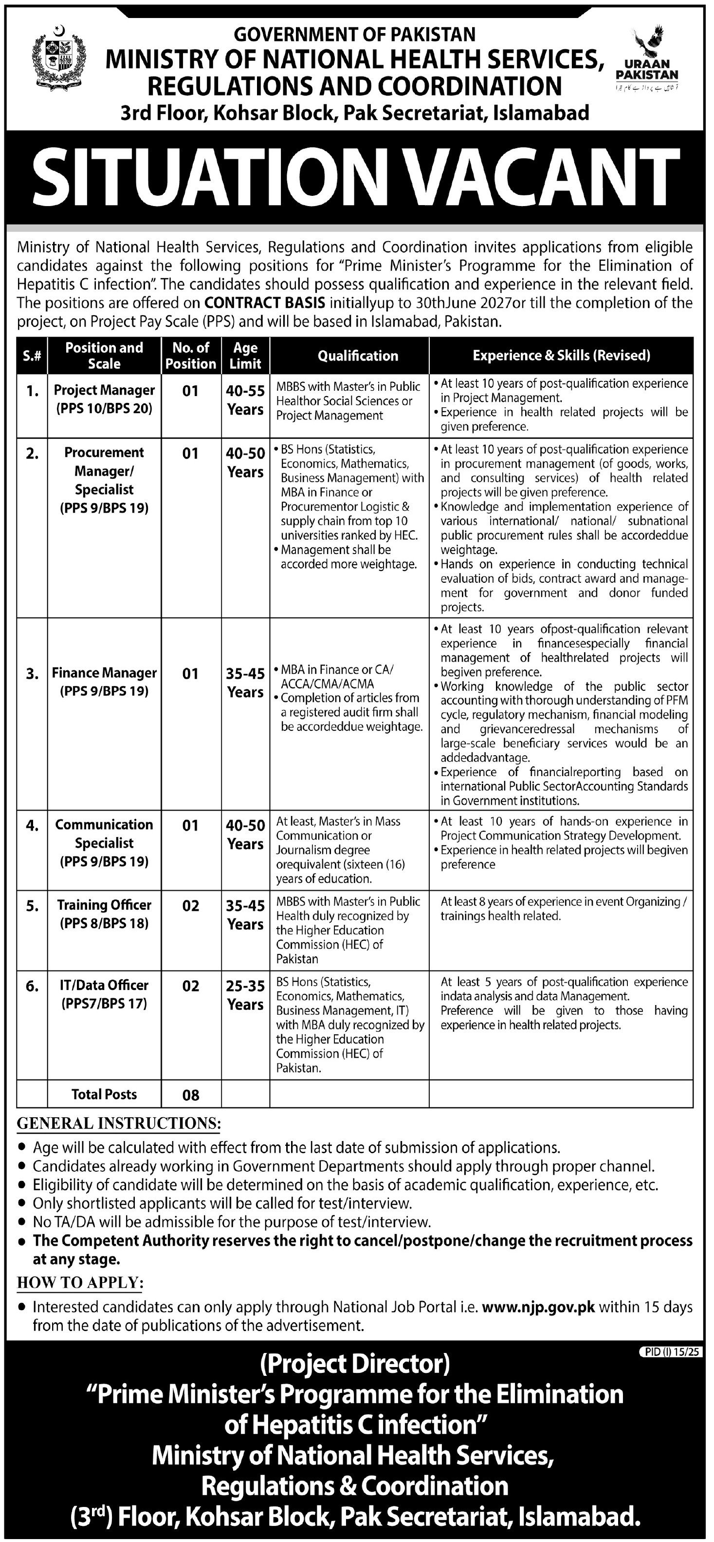 Ministry Of National Health Services Regulations Jobs 2025 – Ministry of National Health Services Regulation and Coordination Jobs 2025 — original advertisement