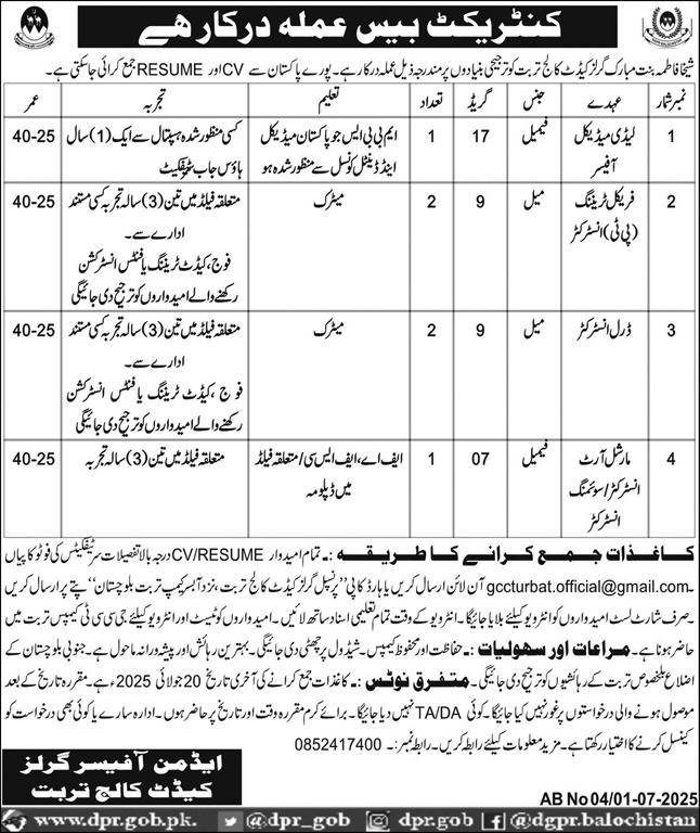 Sheikha Fatima Bint Mubarak Girls Cadet College Jobs 2025 – Sheikha Fatima Bint Mubarak Girls Cadet College Turbat Jobs 2025 — original advertisement