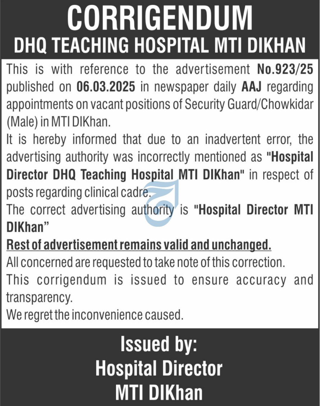 DHQ Teaching Hospital MTI DI Khan Jobs 2025 – DHQ Teaching Hospital MTI Dera Ismail Khan Jobs 2025 — original advertisement
