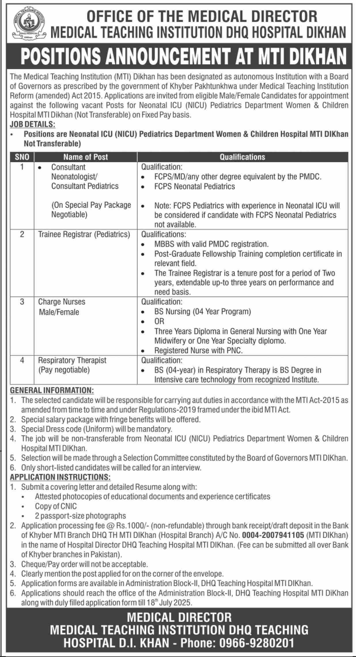 Medical Teaching Institution DI Khan Jobs 2025 – Medical Teaching Institute MTI Khyber Teaching Hospital Peshawar Kpk Jobs 2025 — original advertisement