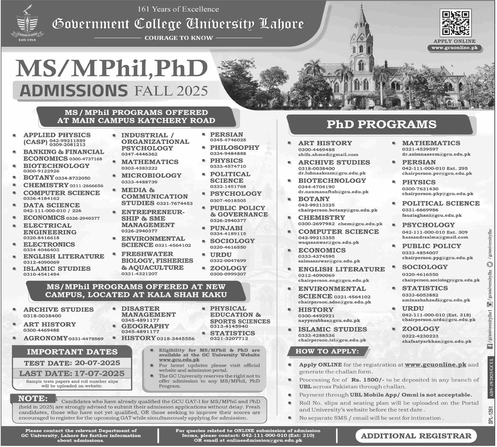 Admission Open in Government College University Lahore Admissions 2025 — original advertisement