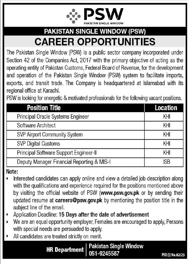 Pakistan Single Window PSW Jobs 2025 Jobs 2025 — original advertisement
