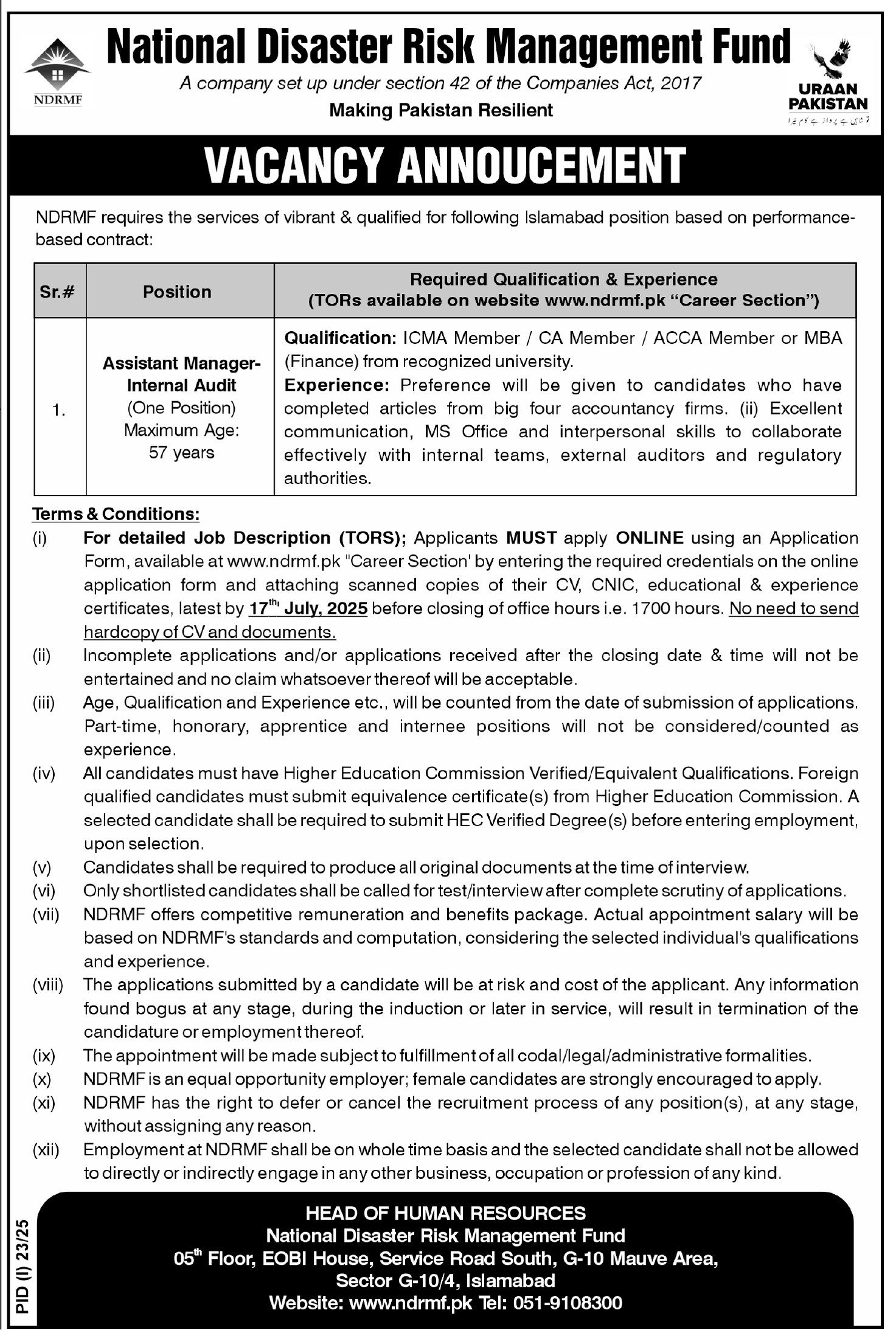 National Disaster Risk Management Fund NDRMF Islamabad Job – National Disaster & Risk Management Fund Jobs 2025 — original advertisement