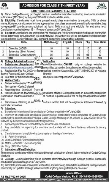 Admission Open in Cadet College Mastung Balochistan 2025 Admissions 2025 — original advertisement