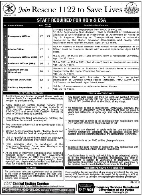 Punjab Emergency Service Rescue 1122 Jobs 2025 Jobs 2025 — original advertisement