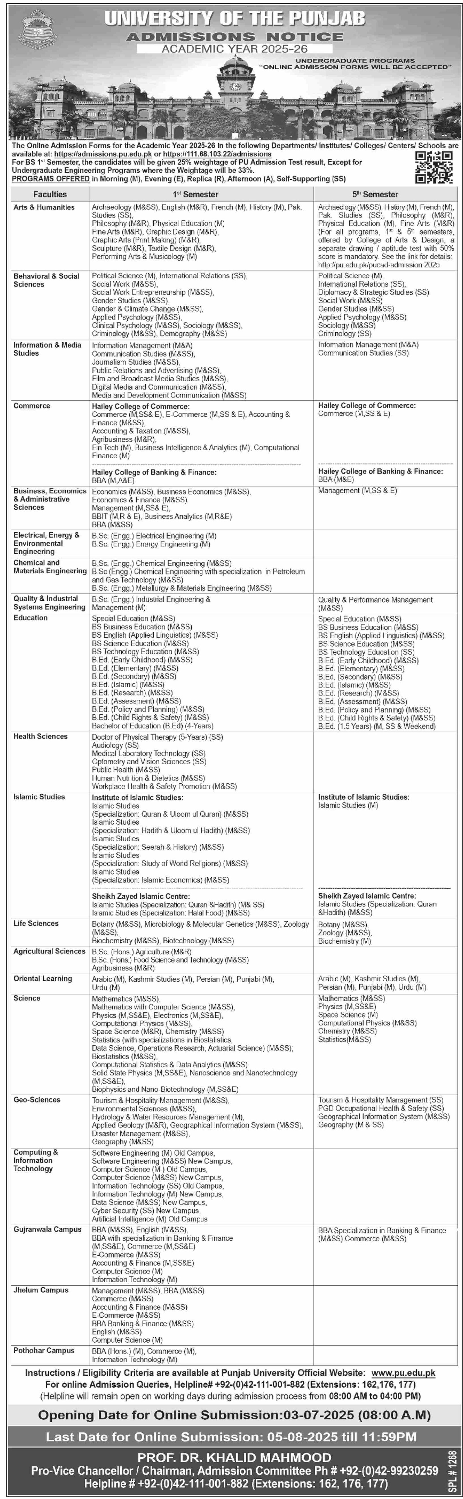 Admission Open in University of Punjab 2025 Admissions 2025 — original advertisement