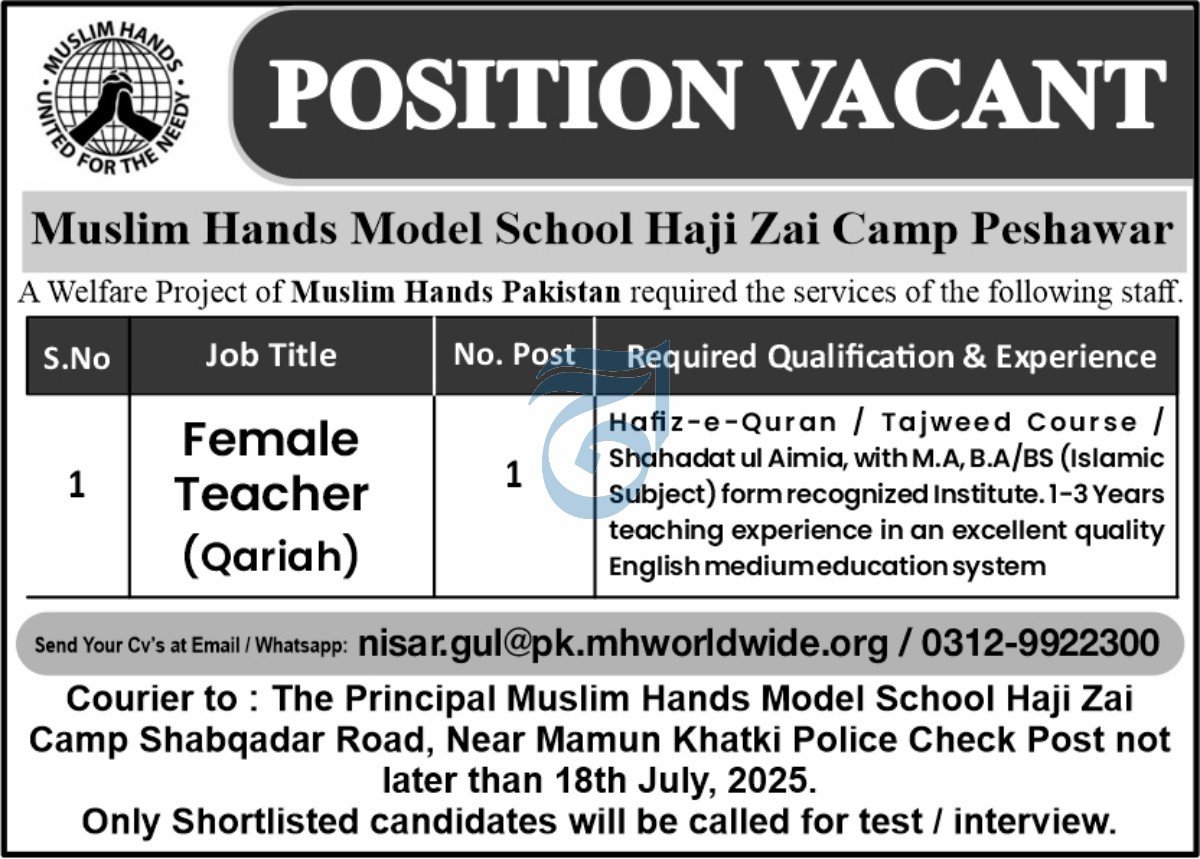 Muslim Hands Model School Haji zai Campus Peshawar Jobs 2025 Jobs 2025 — original advertisement
