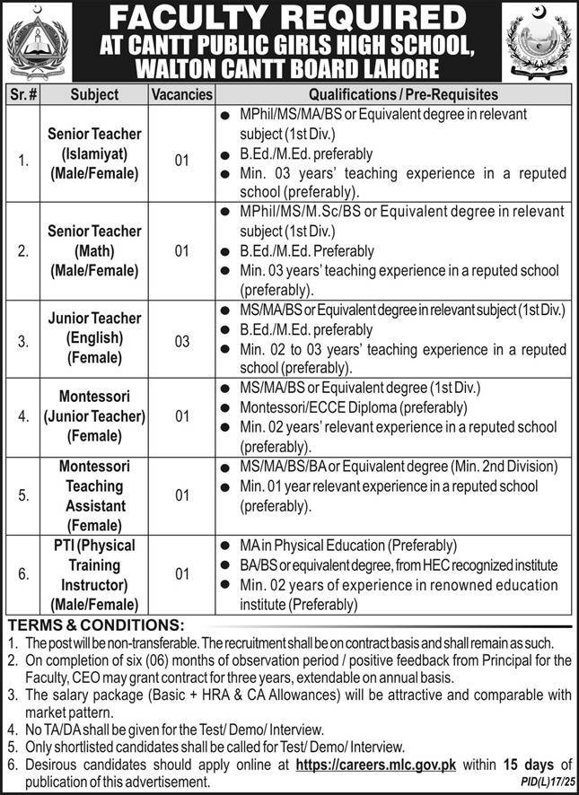 Cantt Public Girls High School Laore Jobs 2025 – Cant Public High School & Girls College Jobs 2025 — original advertisement