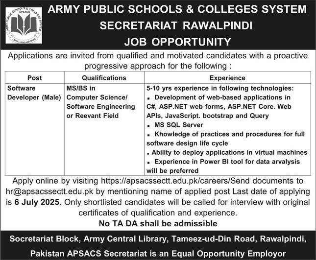 Army Public School & College System Rawalpindi Job 2025 – Army Public School & College Paksitan Jobs 2025 — original advertisement