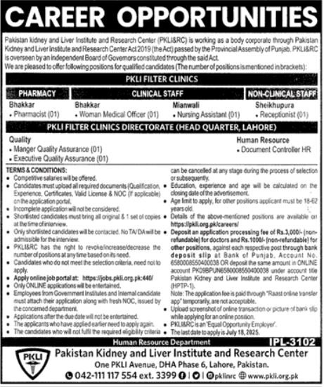 Pakistan Kidney And Liver Institute And Research Centre Jobs – Pakistan Kidney And Liver Institute (PKLI) And Research Centre Lahore Jobs 2025 — original advertisement