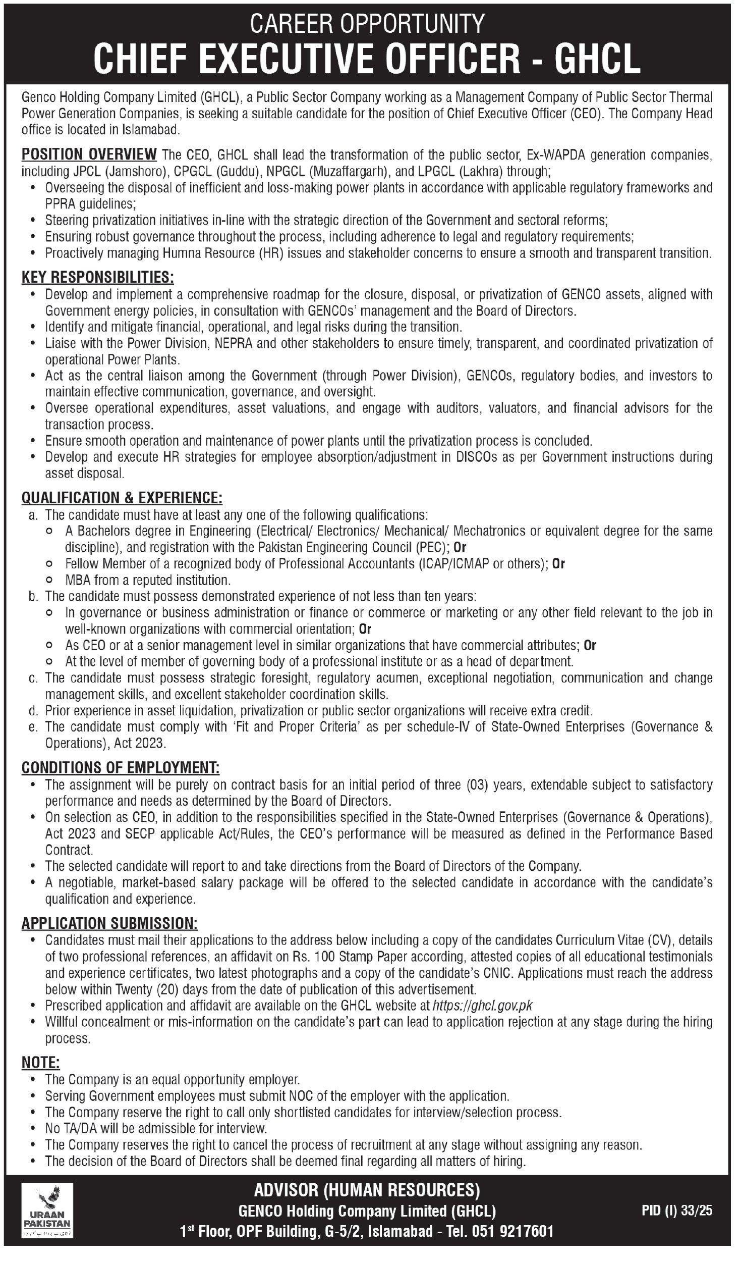Genco Holding Company Limited GHCL Islamabad Jobs 2025 – Genco Holding Company Limited (GHCL) Jobs 2025 — original advertisement