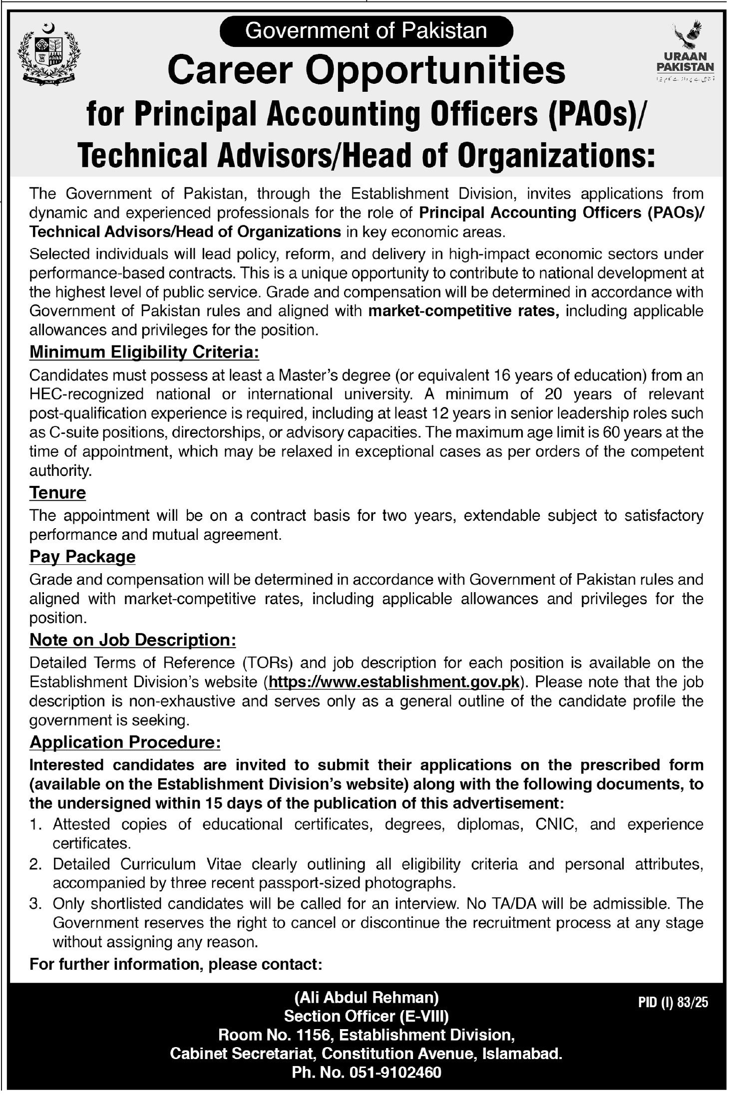 Establishment Division Jobs 2025 For Head Of Organizations – Establishment Division Islamabad Jobs 2025 — original advertisement