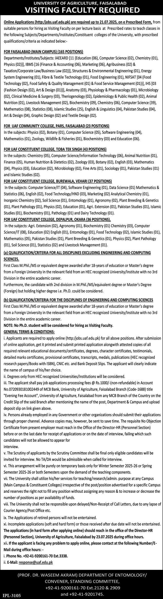 University Of Agriculture UAF Jobs 2025 For Professor – University of Agriculture Faisalabad Jobs 2025 — original advertisement