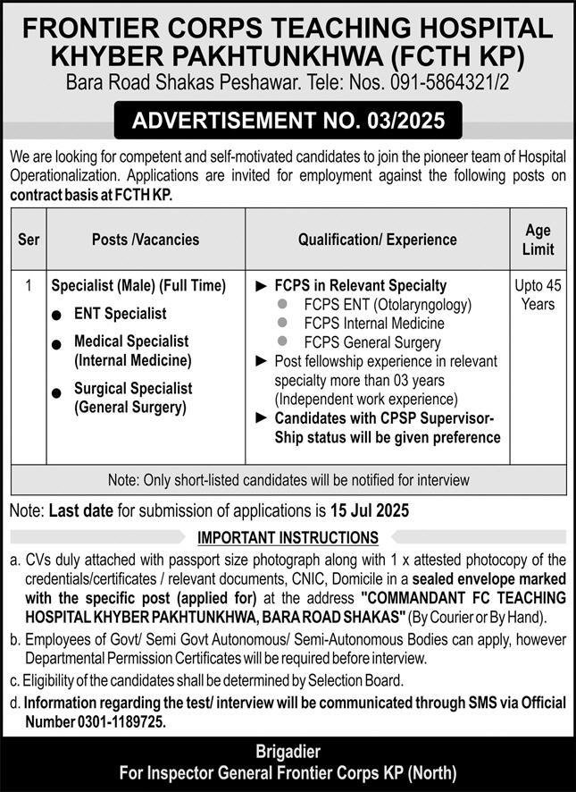 Frontier Corps Teaching Hospital FCTH Peshawar Jobs 2025 – Frontier Corps Kpk Jobs 2025 — original advertisement