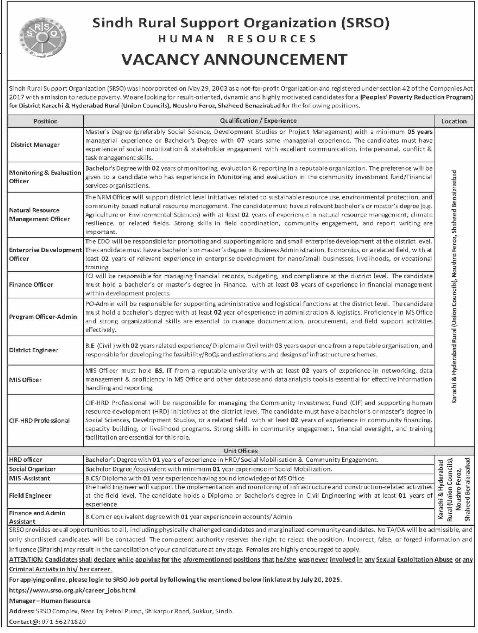 Sindh Rural Support Organization Srso Jobs 2025 – Public Sector Organization Jobs 2025 — original advertisement