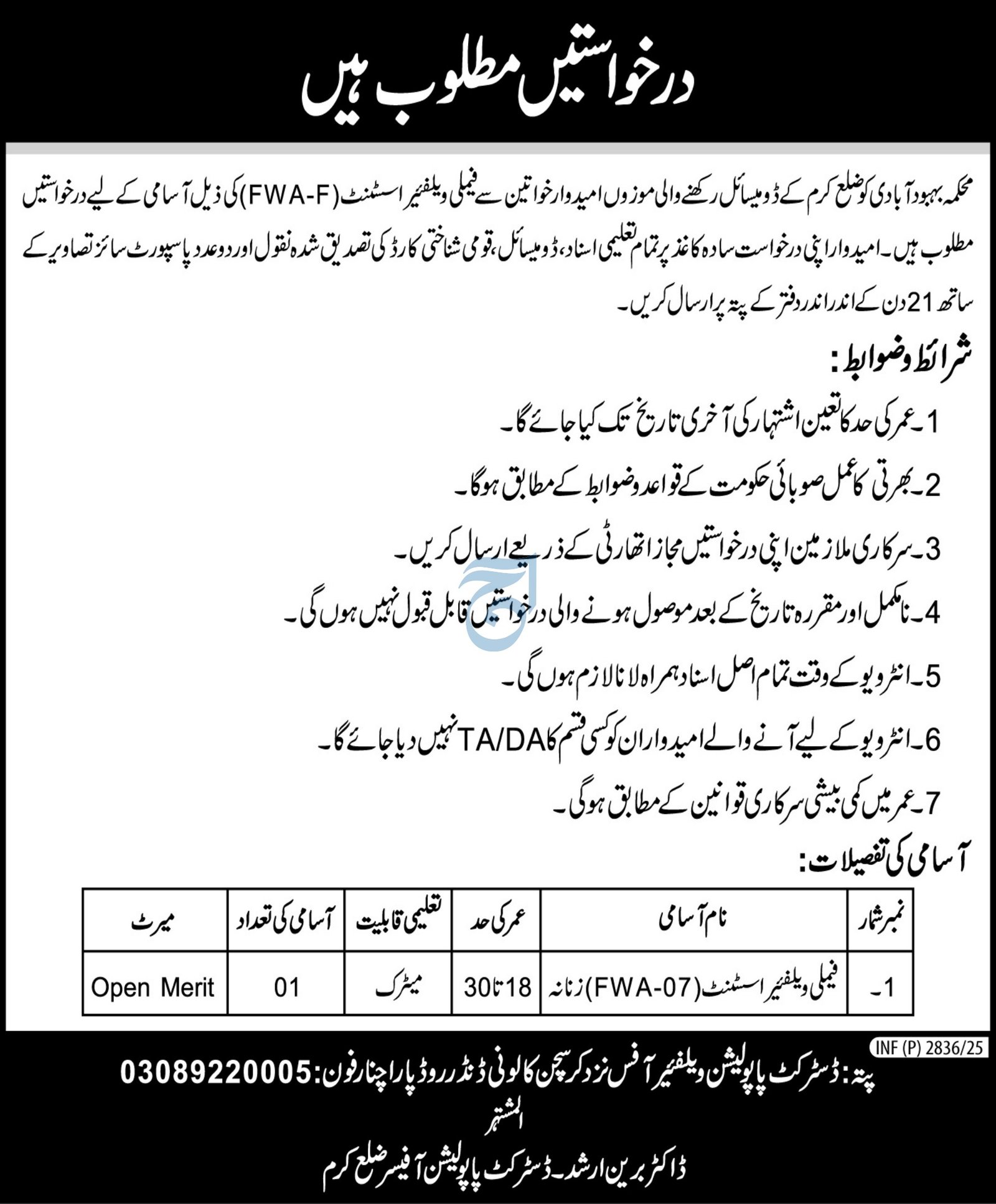 Population Welfare Department District Karram Jobs 2025 – Population Welfare Department KPK Jobs 2025 — original advertisement