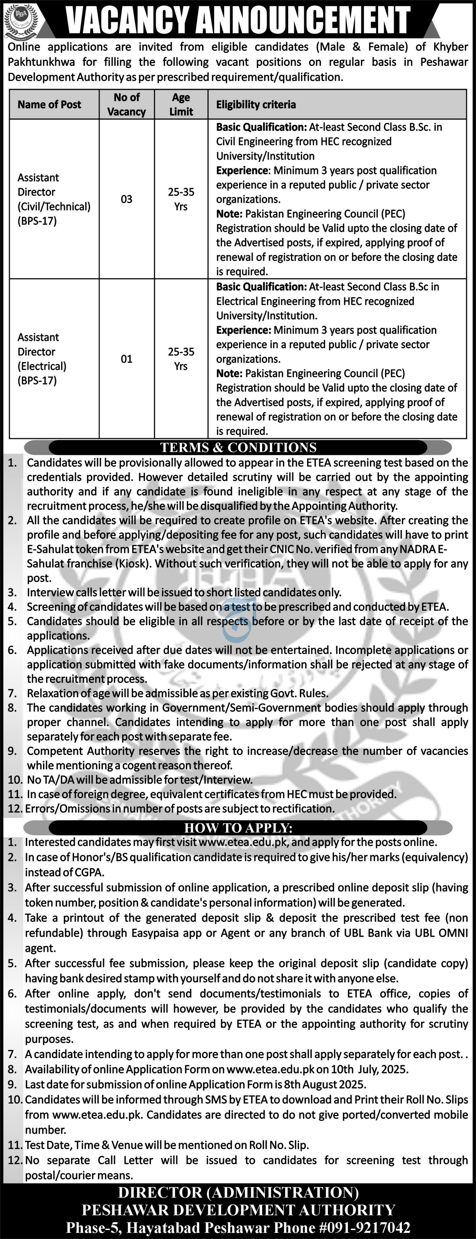 Peshawar Development Authority Jobs 2025 Jobs 2025 — original advertisement