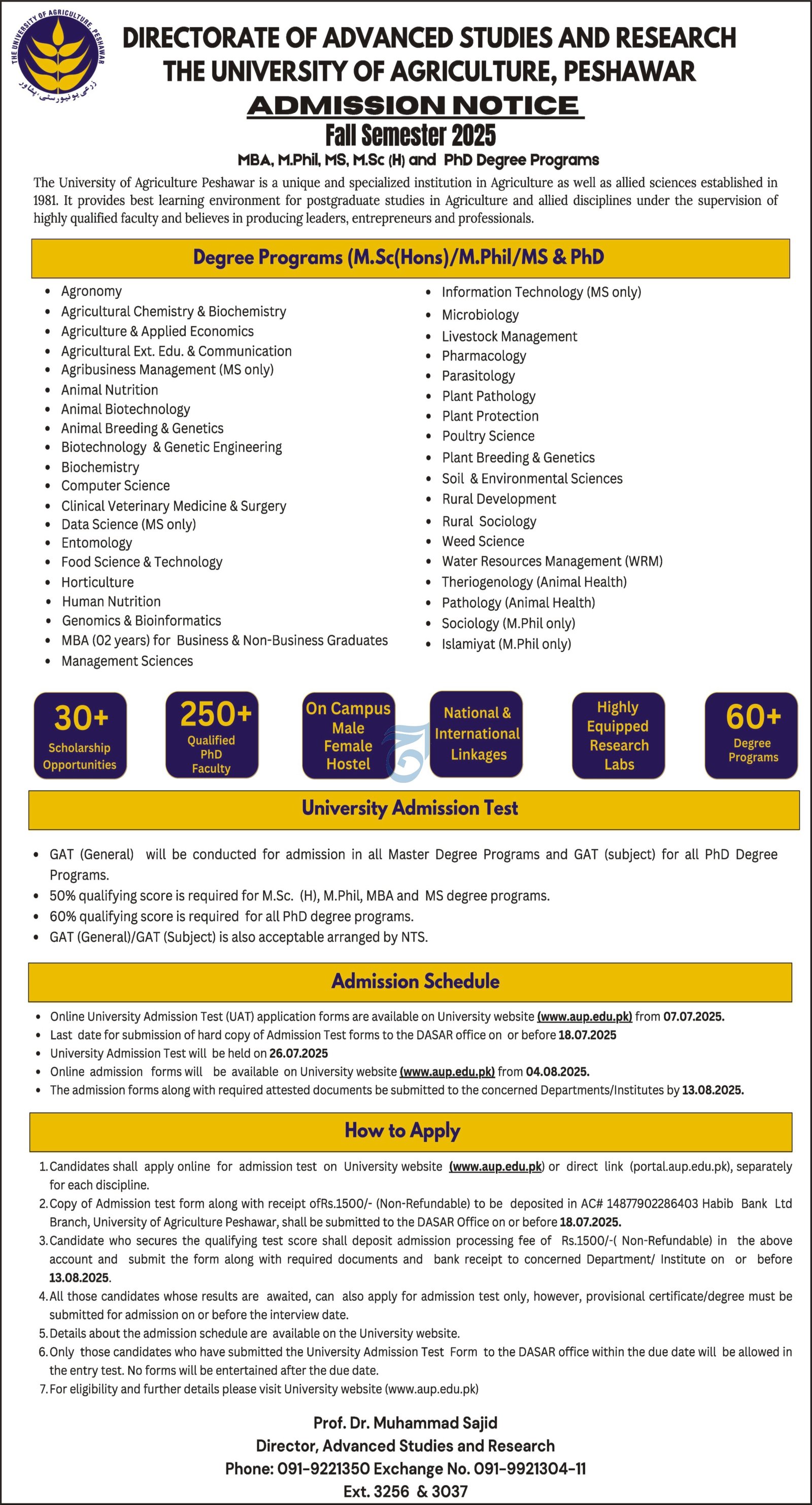 Admission Open in University of Agriculture Peshawar 2025 – University of Agriculture, Peshawar Admissions 2025 — original advertisement
