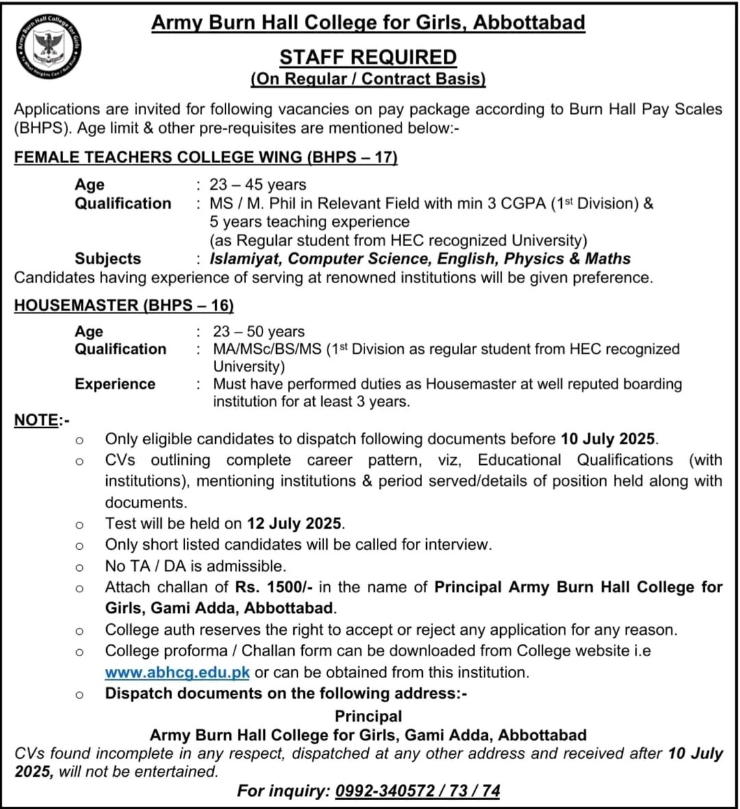 Army Burn Hall College Abbottabad Jobs 2025 Jobs 2025 — original advertisement