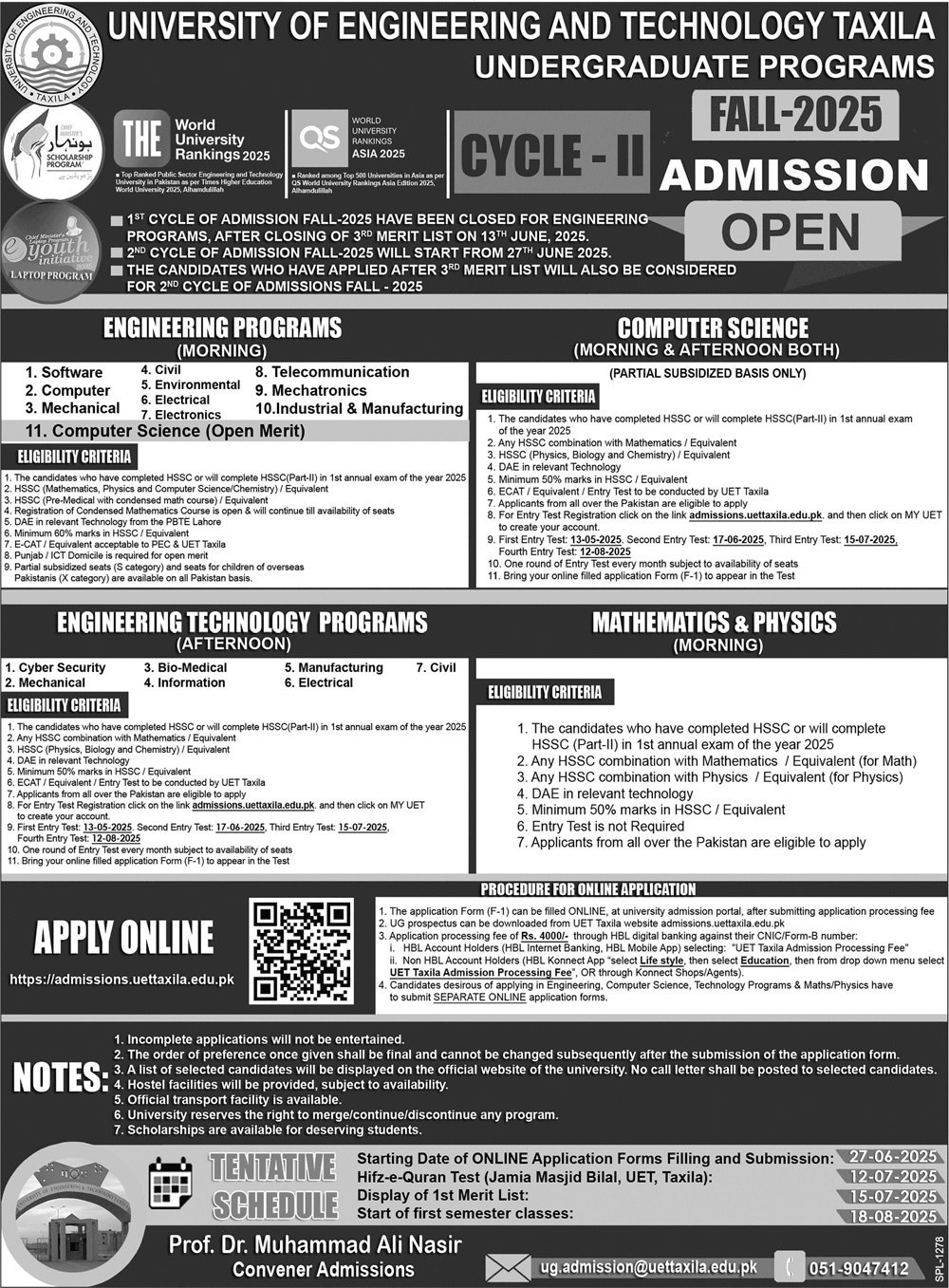 Admission Open in University of Engineering And Technology – University of Engineering and Technology Taxila Admissions 2025 — original advertisement