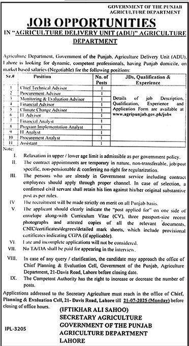 Agriculture Development Unit Punjab Jobs 2025 – Agriculture Department Punjab Jobs 2025 — original advertisement