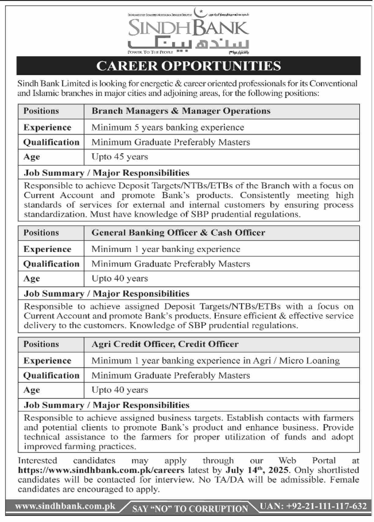 Sindh Bank Jobs 2025 For Branch Manager & Cash Officer Jobs 2025 — original advertisement