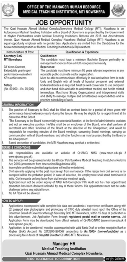 Nowshera Medical College MTI Jobs 2025 For Secretary – Medical Teaching Institute MTI Khyber Teaching Hospital Peshawar Kpk Jobs 2025 — original advertisement
