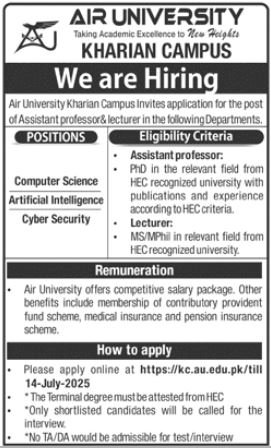 Air Univeristy Kharian Campus Jobs 2025 – Air University Multan Campus Jobs 2025 — original advertisement