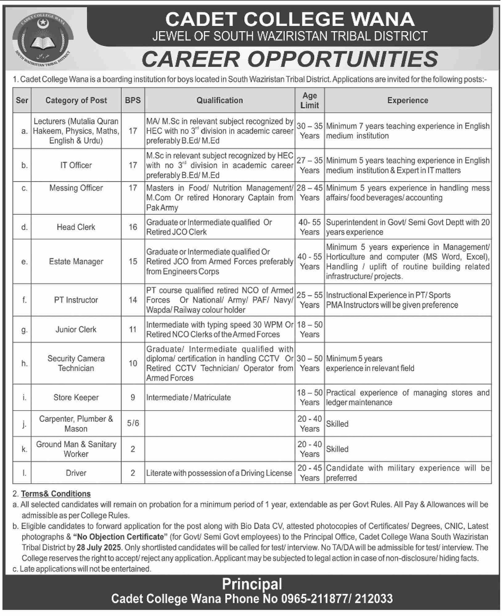 Cadet College Wana Peshawar Jobs 2025 Jobs 2025 — original advertisement