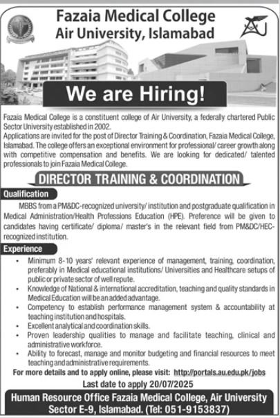 Fazaia Medical College Air University Islamabad Jobs 2025 – Fazaia Schools & Colleges Jobs 2025 — original advertisement