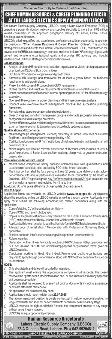 Lahore Electric Supply Company Jobs 2025 – Lahore Electric Supply Company LESCO Lahore Jobs 2025 — original advertisement