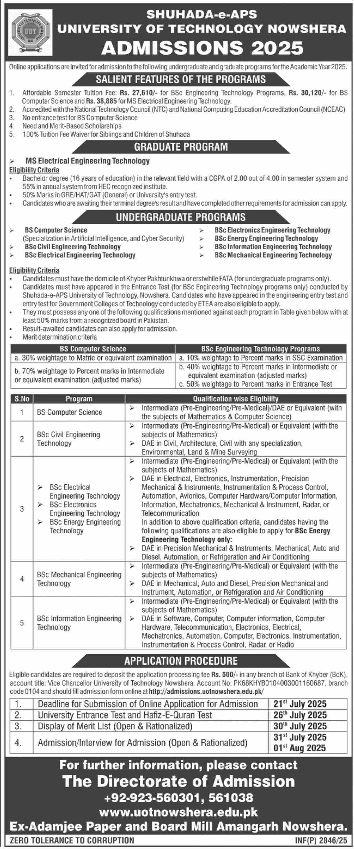 Admission Open in Shuhada E Aps University of Technology – Shuhada e APS University of Technology Nowshera Admissions 2025 — original advertisement